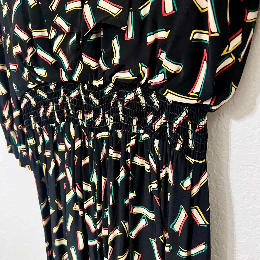 WARREN Z Black Abstract Geometric‎ Print Midi Dress Smocked Waist Retro 80s VTG